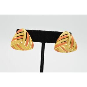 TAT Vintage Statement Earrings Gold Pink Off White Enamel NOS Signed 1980s Bin7